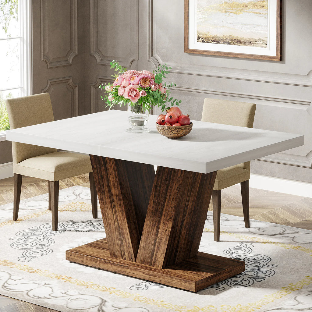 47-Inch Dining Table for 4-6, White Kitchen Dinner Table with Heavy Duty Pedestal, Farmhouse Wooden Eating Table