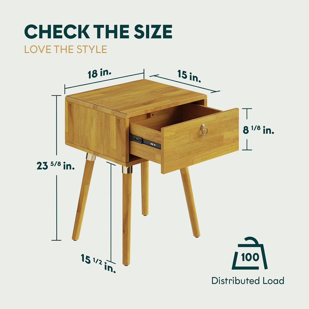 Golden natural wood nightstand with drawer