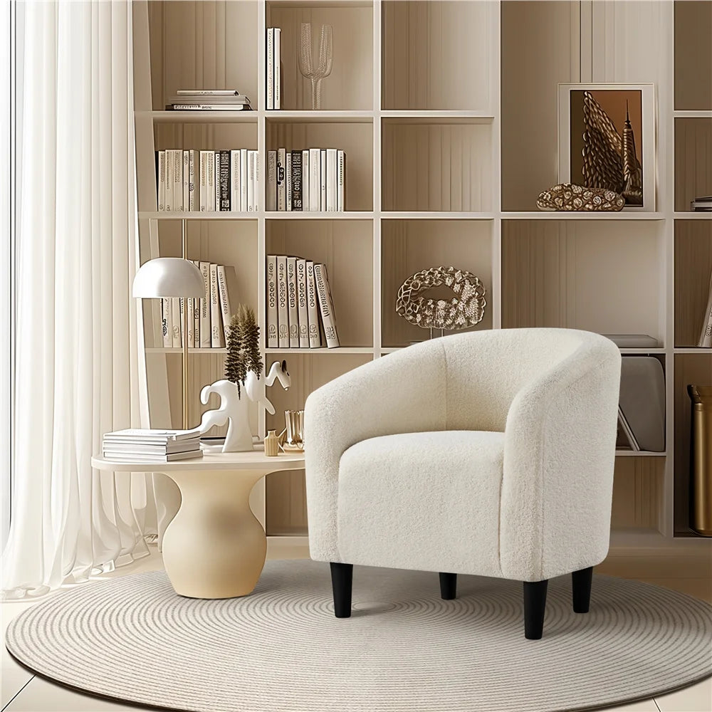 Upholstered Club Chair Boucle Accent Barrel Chair, Ivory