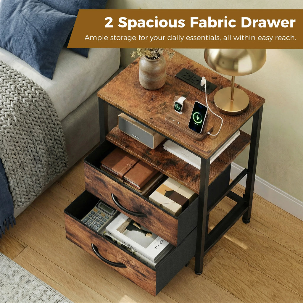 2 Fabric Drawers Nightstands Set of 2 with Open Shelf Bedside Table with USB Ports Charging Station for Living Room Bedroom