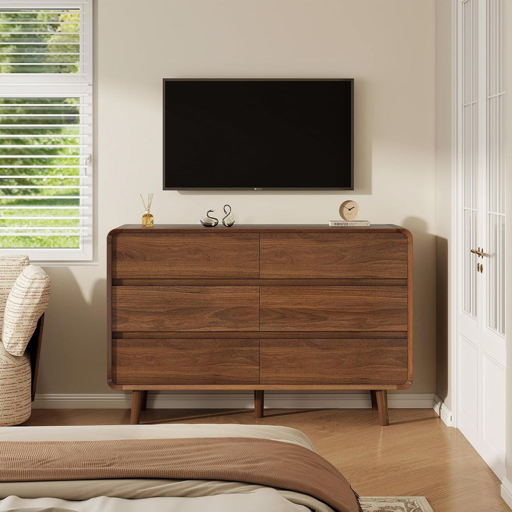 Mid Century Modern Dresser for Bedroom, 47'' Wide Dressers & Chests of Drawers with 6 Storage Drawers, Wood TV Stand Dresser for Closet, Walnut
