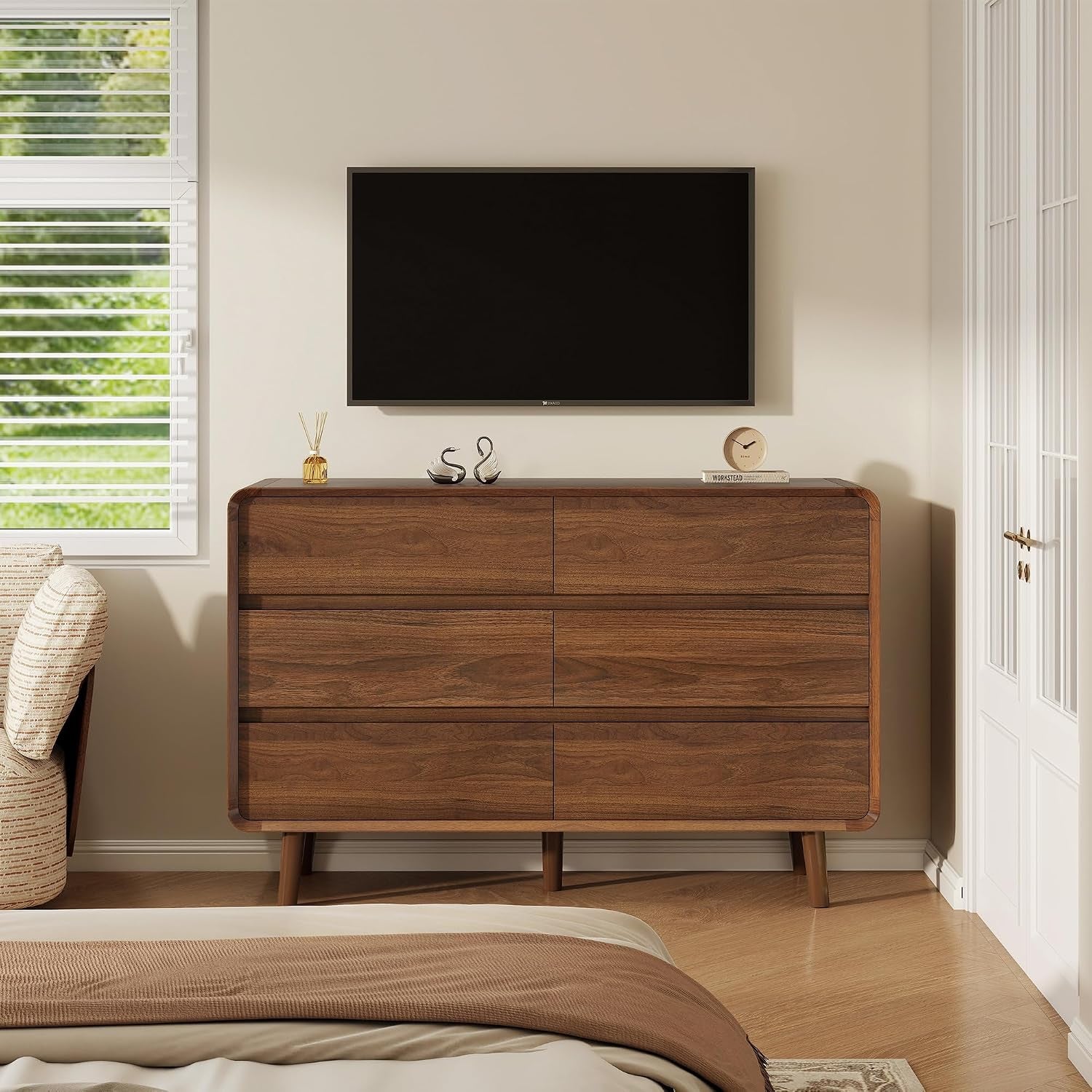 Mid Century Modern Dresser for Bedroom, 47'' Wide Dressers & Chests of Drawers with 6 Storage Drawers, Wood TV Stand Dresser for Closet, Walnut