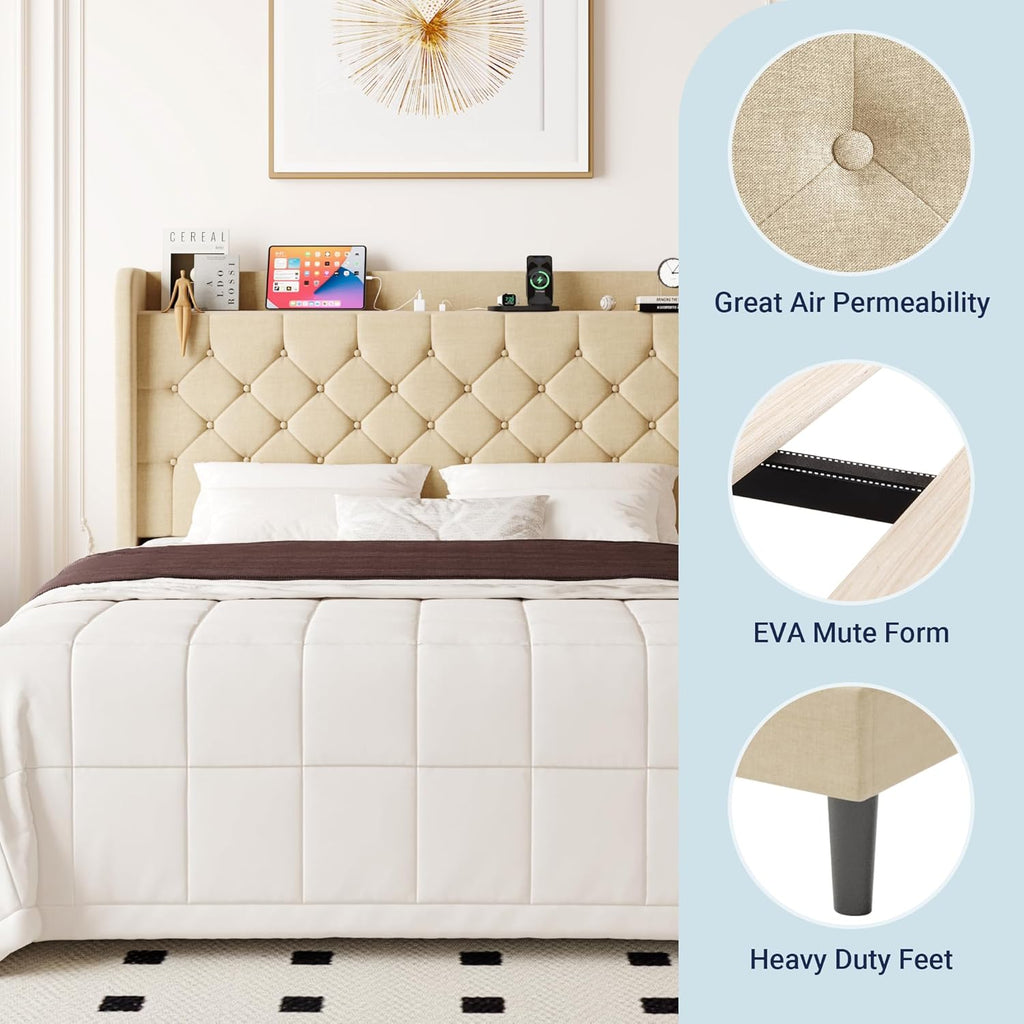 Queen Bed Frame, Storage Headboard & Charging Station, Beige | Velvet Upholstered Platform Bed with Button Tufted Wingback Headboard, No Box Spring Needed, Noise-Free, Easy Assembly
