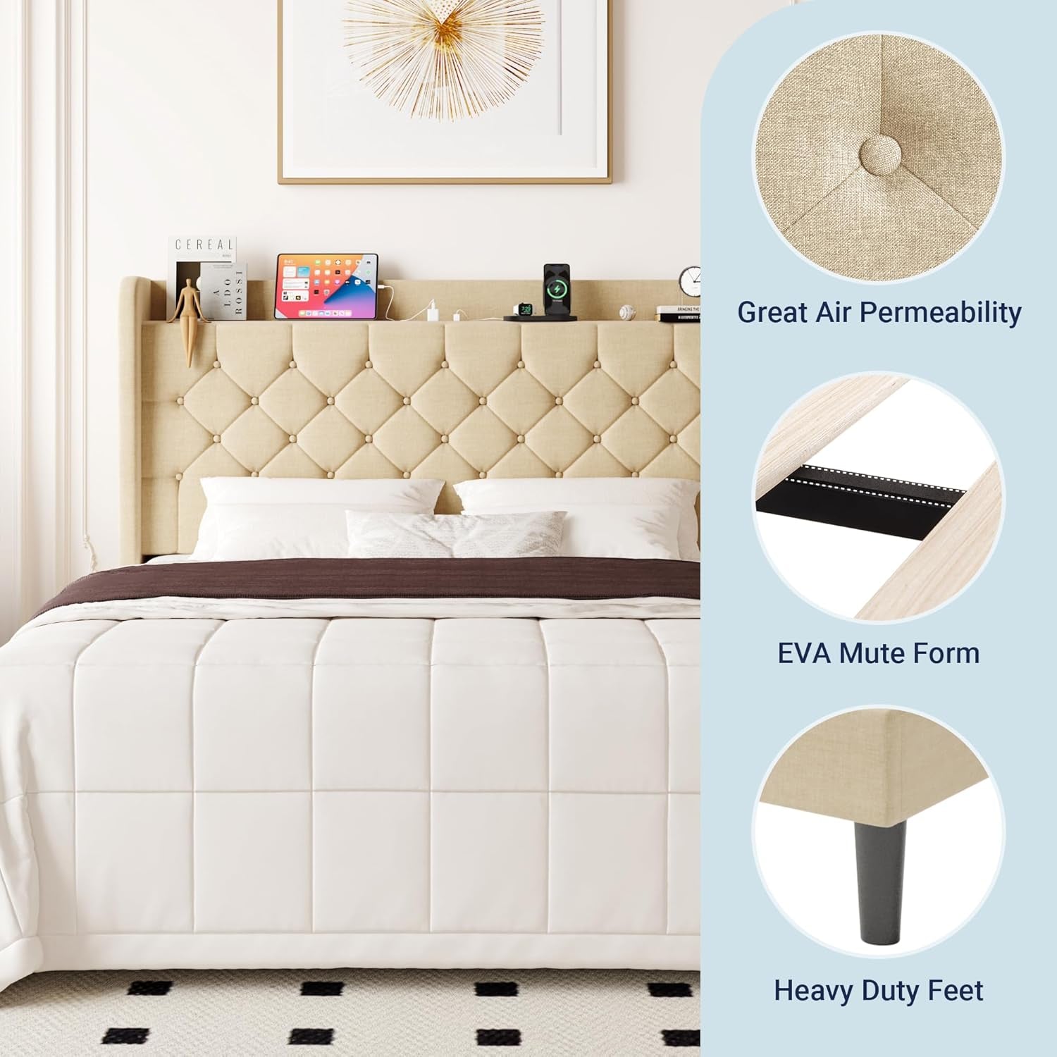 Queen Bed Frame, Storage Headboard & Charging Station, Beige | Velvet Upholstered Platform Bed with Button Tufted Wingback Headboard, No Box Spring Needed, Noise-Free, Easy Assembly