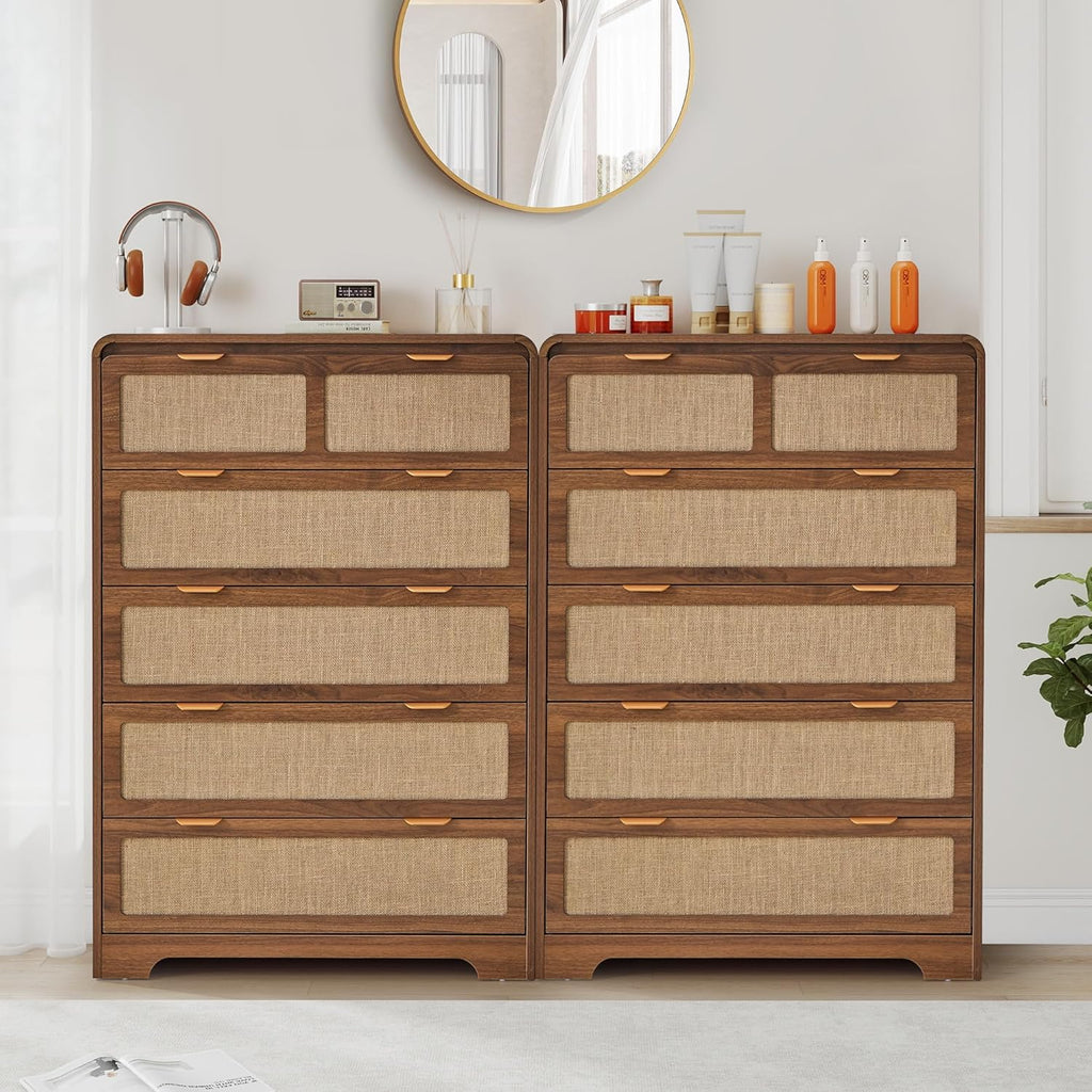 43" Tall 5 Drawer Dresser for Bedroom, Modern Wood Dresser, Walnut | Wooden Tall Dresser, Mid Century Modern Dresser with Natural Linen, Curved Wood Chest of Drawers for Living Room, Hallway