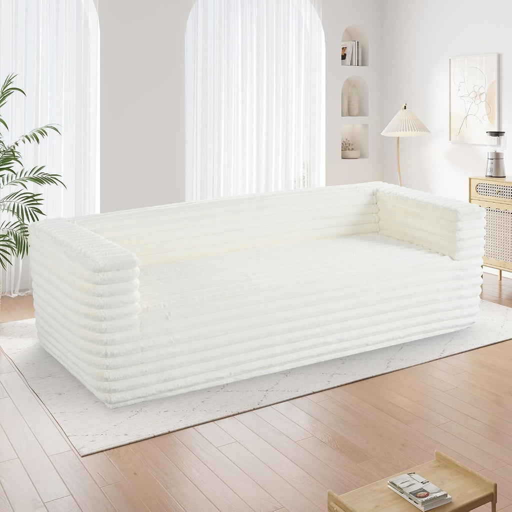 89" Luxury Oversized Corduroy Cloud Sofa with Squared Arm and Back Cushion, Modern Style 3-Seater Upholstery Plush Couch, No Assembly Required, for Living Room, Bedroom, Apartment, Beige
