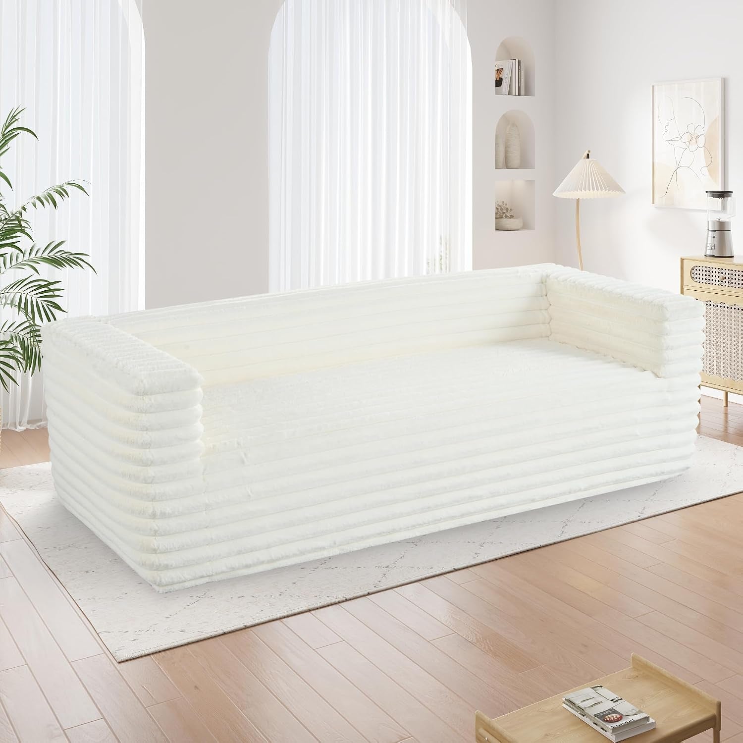 89" Luxury Oversized Corduroy Cloud Sofa with Squared Arm and Back Cushion, Modern Style 3-Seater Upholstery Plush Couch, No Assembly Required, for Living Room, Bedroom, Apartment, Beige