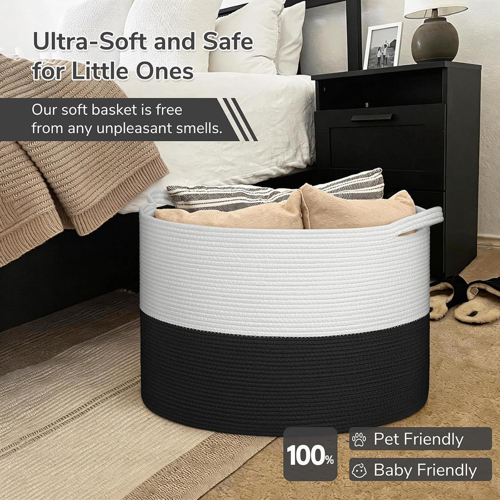 115L Extra Large Woven Rope Blanket Basket Living Room Whiteblack | 23.6" X 15.7" Storage Baskets for Toys Laundry & Pillows. Fits Living Room, Bedroom or Nursery Décor. Soft-Touch with Handles
