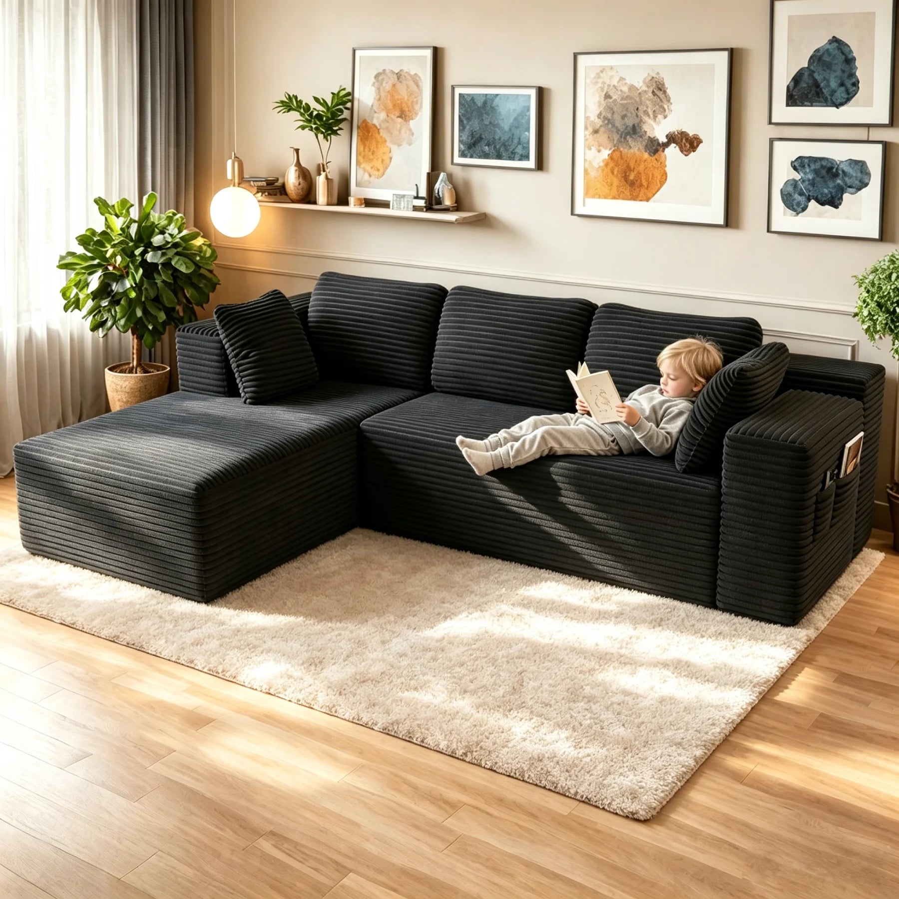 Sofa,  105" L-Shaped Sectional Couch for Living Room, High-Resilience Foam & Premium Corduroy Fabric, Free Assembly, Black