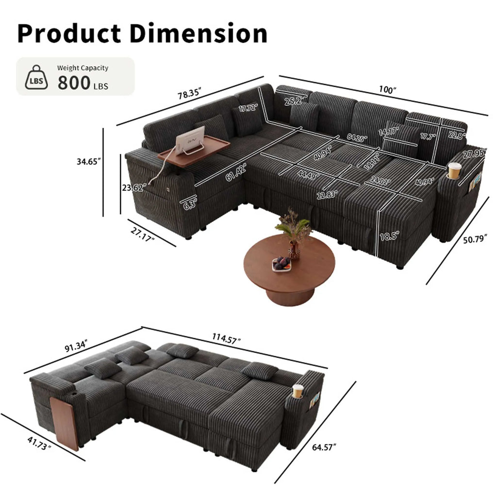 Dark gray corduroy U shaped sleeper sectional