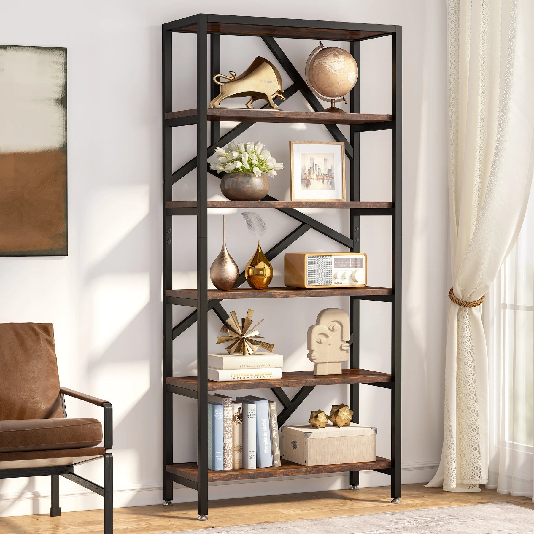 Industrial Bookshelf, Tall Bookcase with Open Shelves, Wood and Metal Display Shelf Storage Shelves