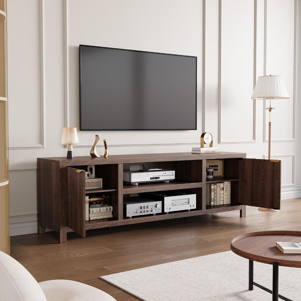 Fluted TV Stand for 75+ Inch, Modern Entertainment Center with 2-Tier Storage & Adjustable Shelves, Media Console Cabinet with 2 Fluted Doors and Gold Handle for Living Room Bedroom, Walnut