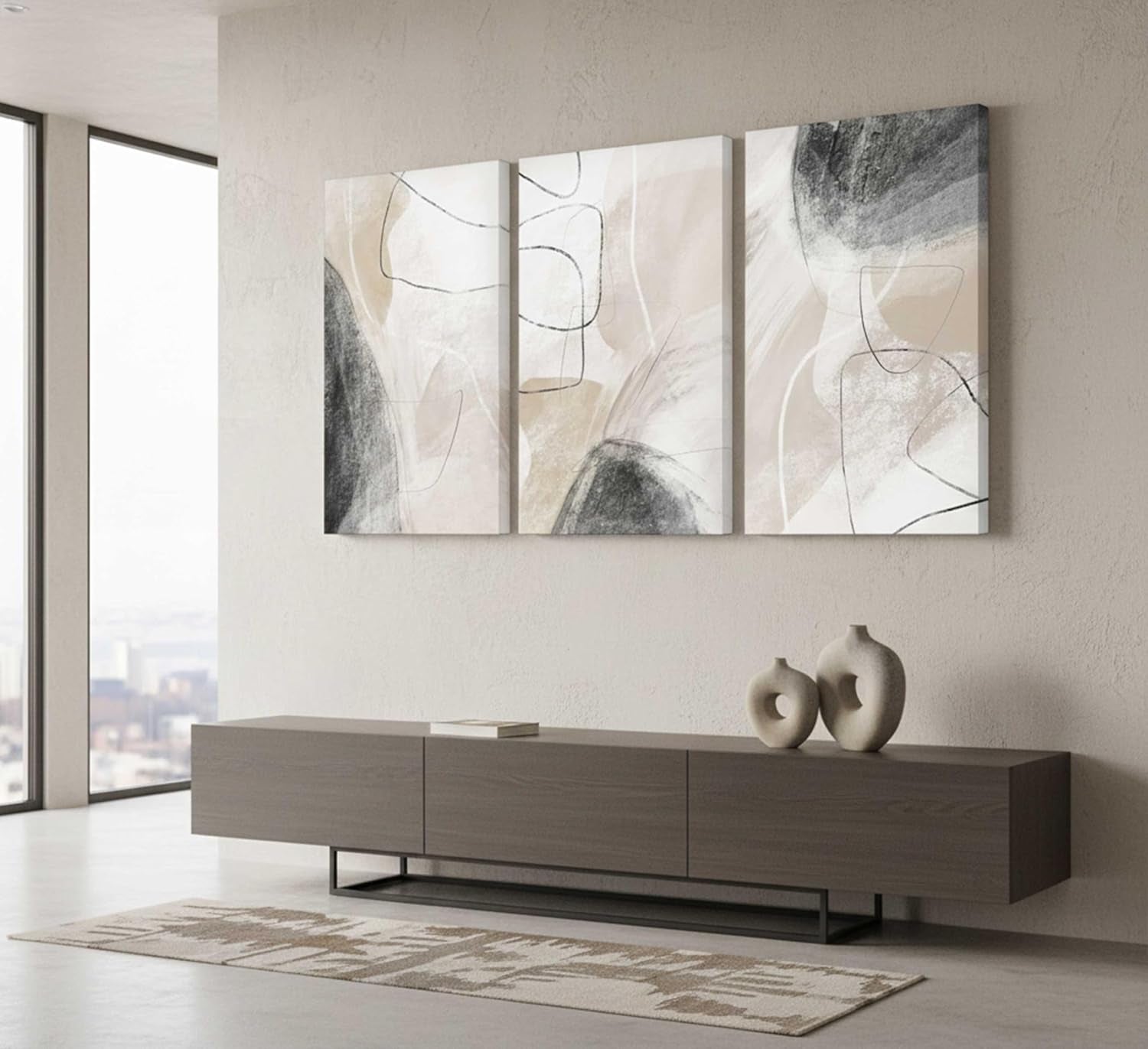 3Pcs Modern Abstract Canvas Wall Art | Neutral Minimalist Boho Beige and Black Grey Geometric Line Nordic Picture Wall Decor Poster Print Artwork for Living Room