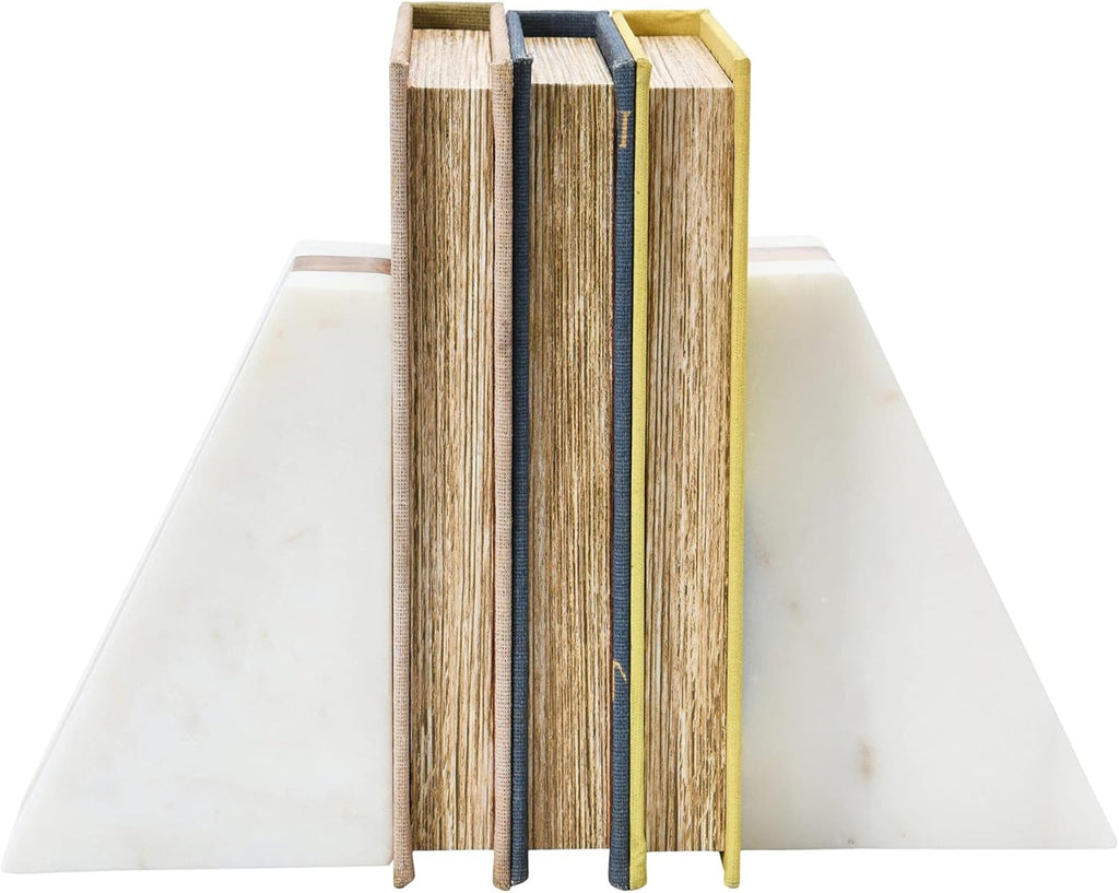 Marble Geometric Bookends with Wood Inlay, White