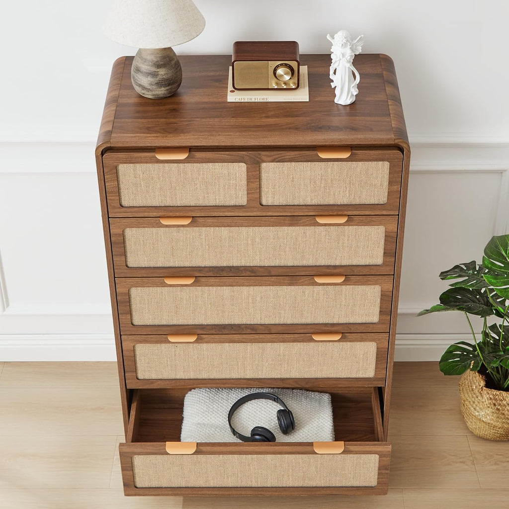 43" Tall 5 Drawer Dresser for Bedroom, Modern Wood Dresser, Walnut | Wooden Tall Dresser, Mid Century Modern Dresser with Natural Linen, Curved Wood Chest of Drawers for Living Room, Hallway