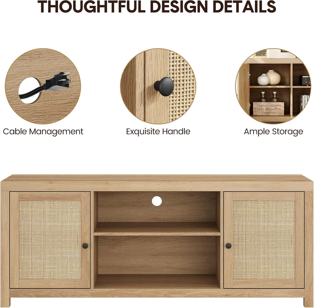 Natural oak boho rattan media console