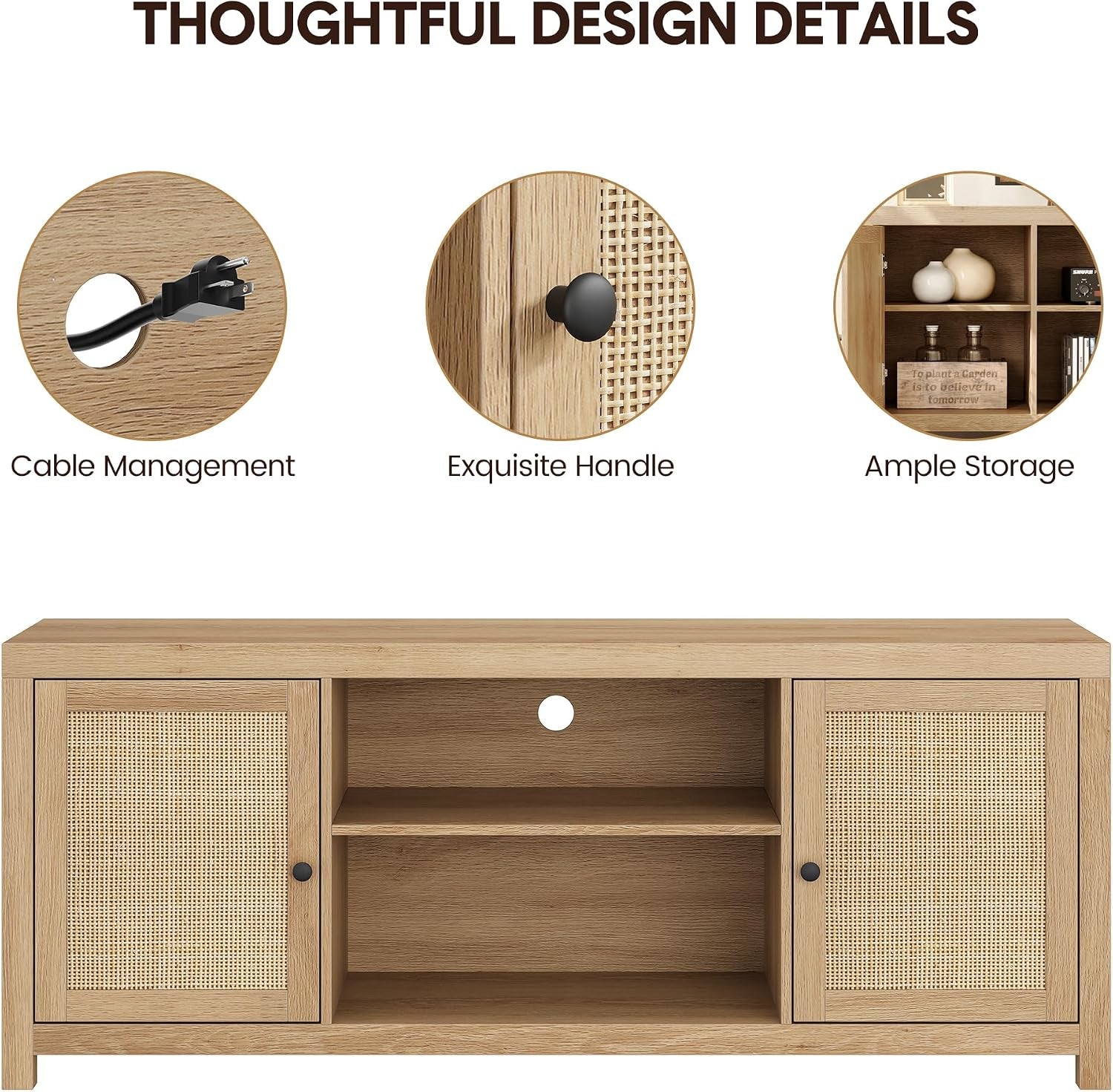 Natural oak boho rattan media console