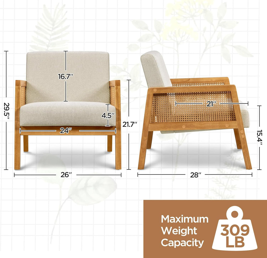 Yaheetech Rattan Accent Chair, Boho Vintage Armchair, Beige | Boucle Fabric Chair, Upholstered Reading Chair with Wood Armrest and Legs for Living Room Bedroom Reception Waiting Room