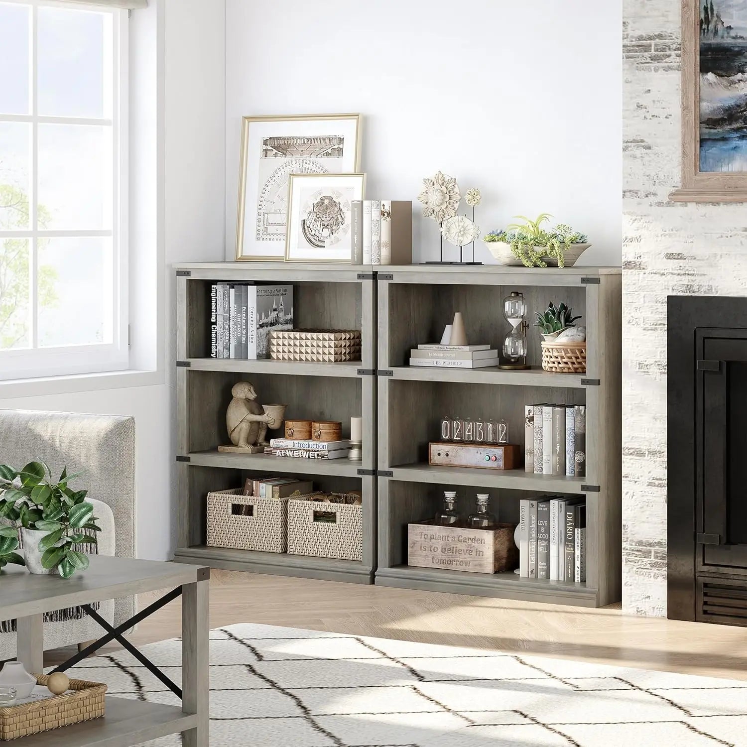 Farmhouse 3 Tier Open Bookcase - Tall Wood Bookshelf, Living Room Bedroom | Farmhouse 3-Tier Tall Open Bookcase - Sturdy 30" Wide Wood Bookshelf Display Shelves for Home Office Living Room Bedroom