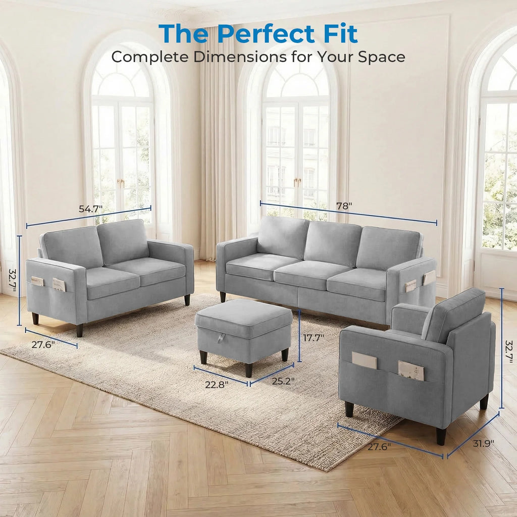3 Piece Living Room Furniture Sets,L Shaped Sectional Sofa Set with Storage Ottoman,Modern Linen Fabric Couch for Apartment,Light Gray