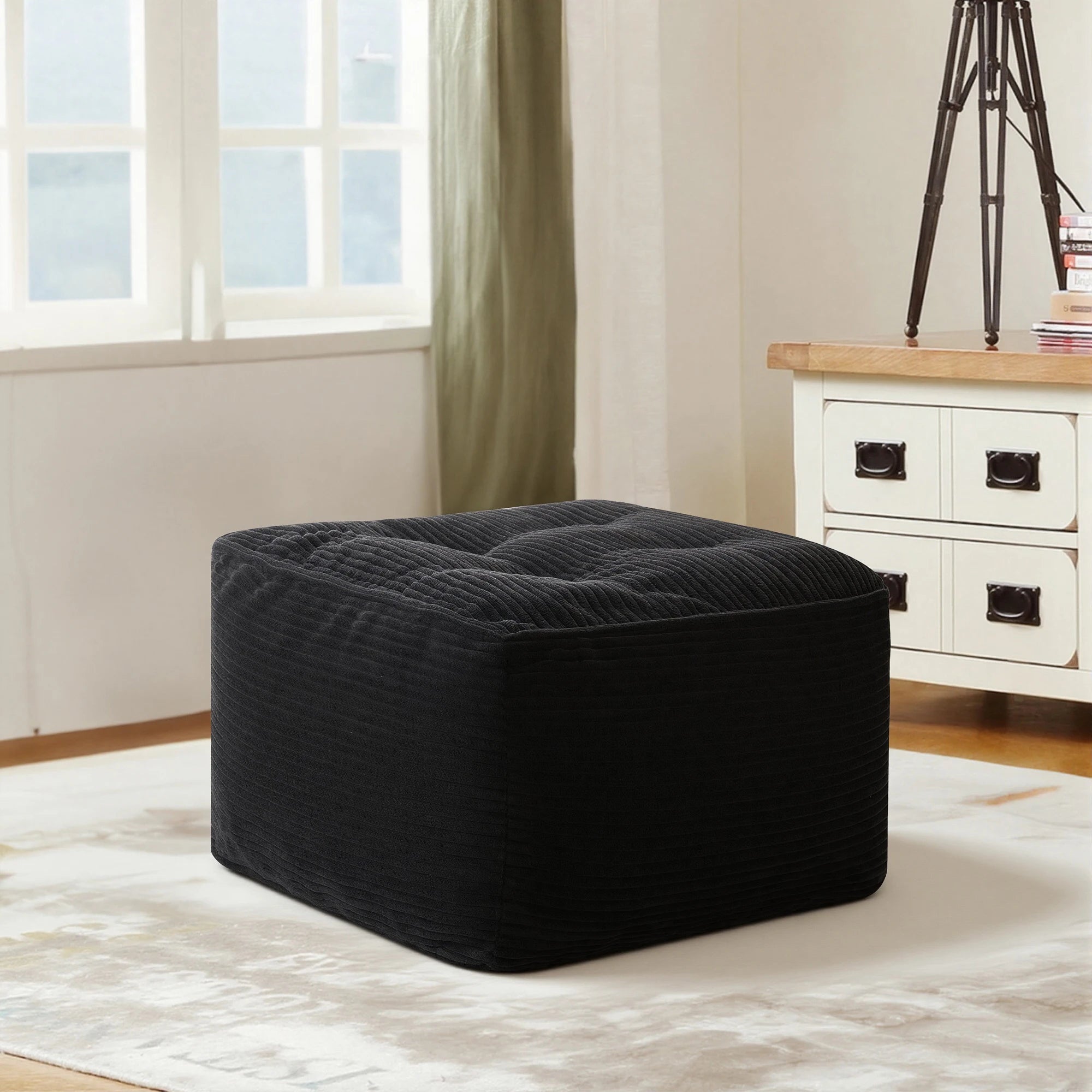 Black Corduroy Square Ottoman Footstool, Tufted Upholstered Footrest for Living Room Bedroom