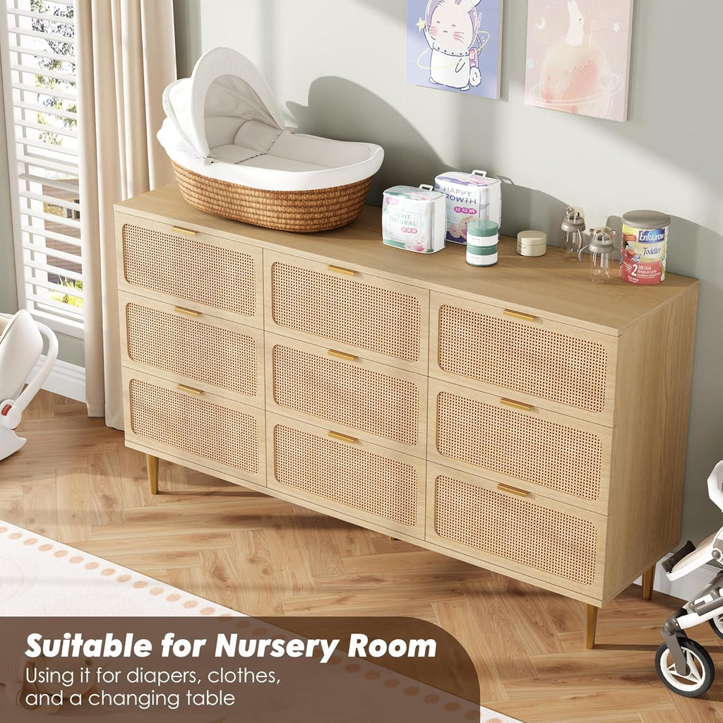Rattan 9 Drawer Dressers for Bedroom, Deep Drawer, Natural | Tall Dresser, Wide Top, for Living Room, Hallway, Kids Room, Large Chest of Drawers for Closet, Long Wooden Dresser
