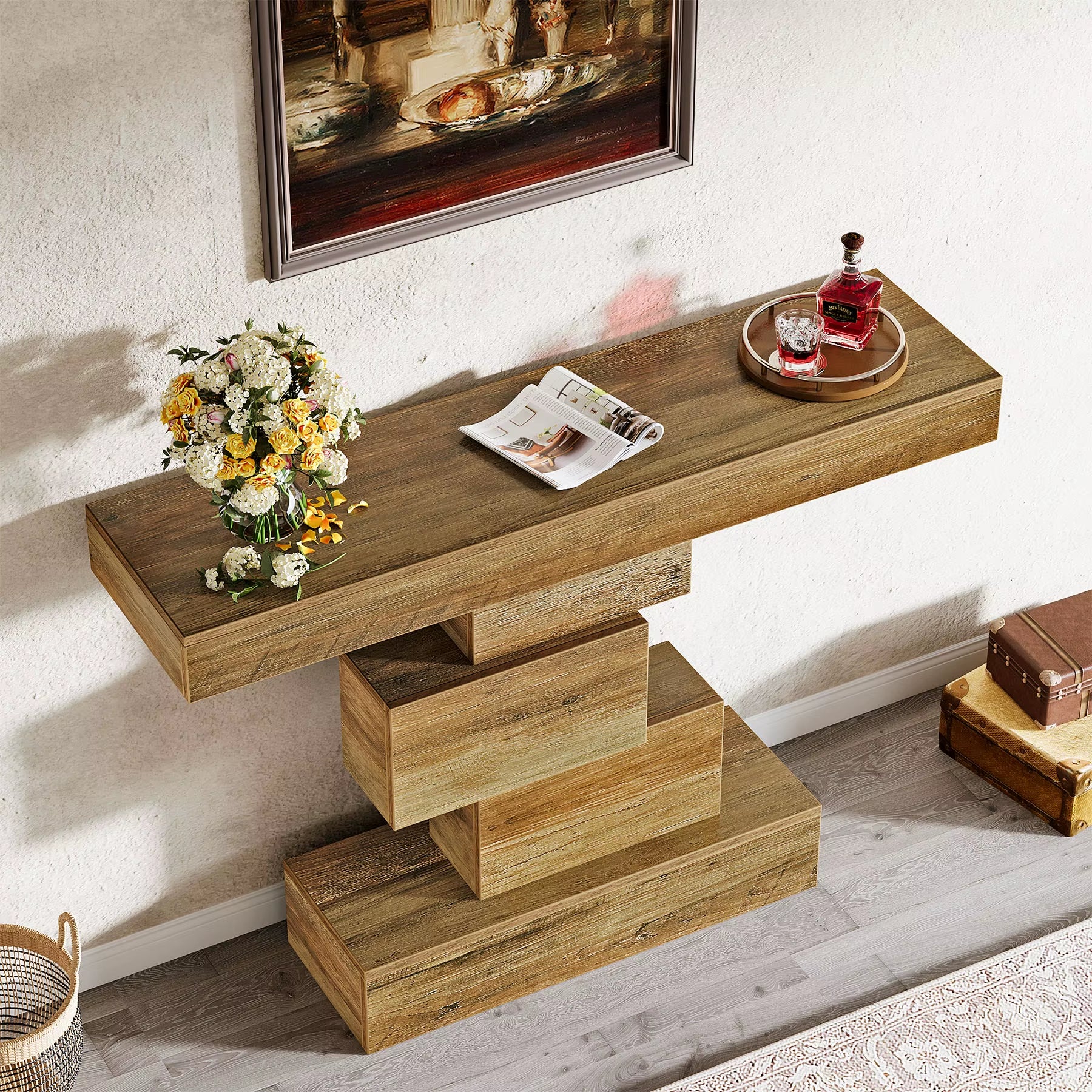 42.5" Farmhouse Console Table, Narrow Wood Sofa Table behind Couch with Geometric Base, Industrial Entryway Accent Ta