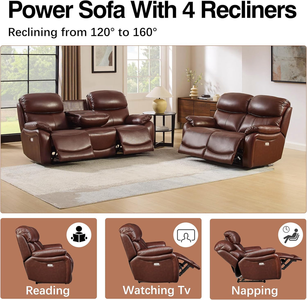 Brown Top Grain Leather Power Recliner Sofa Loveseat Set with USB Port. | Genuine Leather Reclining Sofa, Drop down Table, Ergonomic High Backrest, Cup Holders, Living Room Furniture Sets