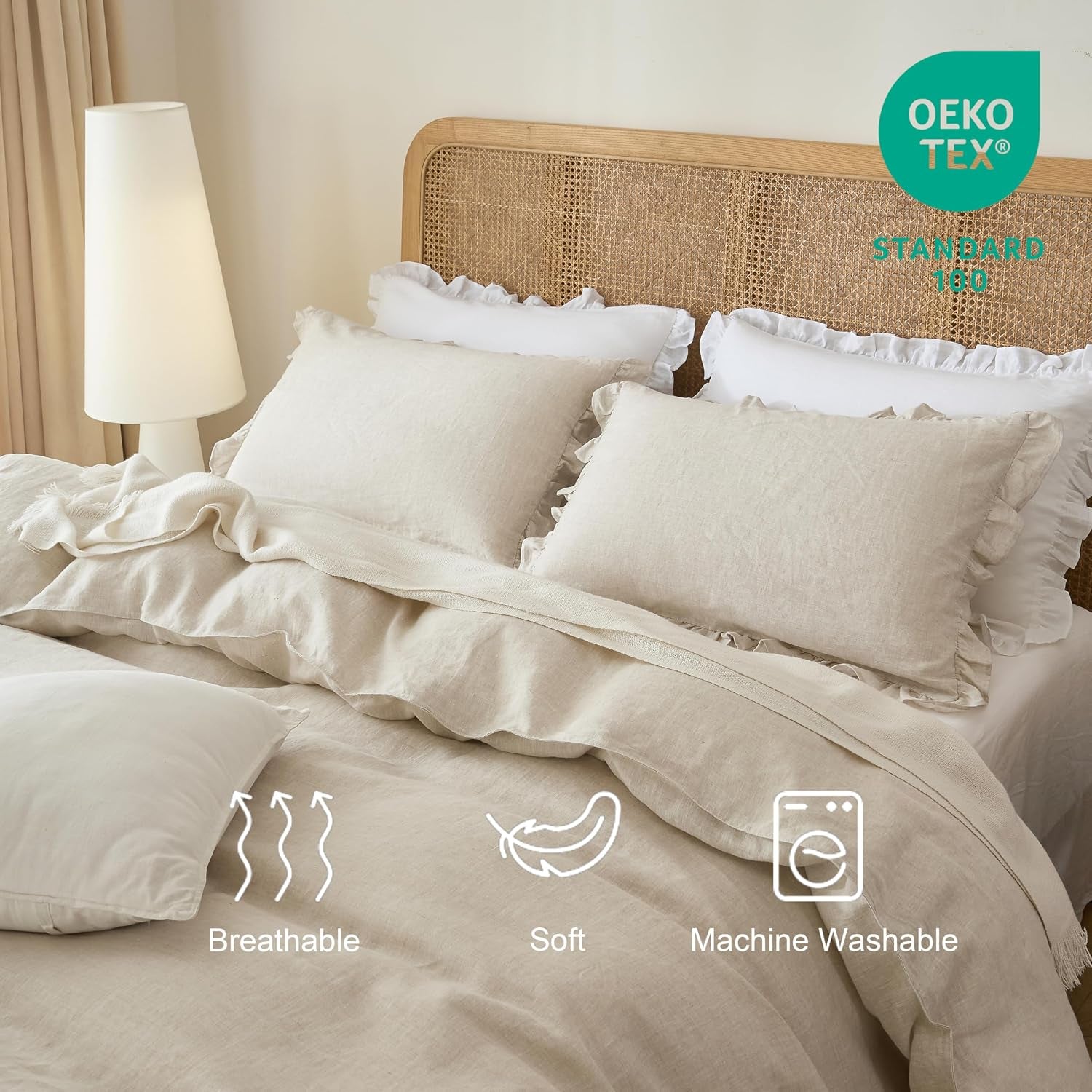 100% French Linen Queen Duvet Cover Set, Organic Linen | Organic French Linen 3PC Duvet Cover Set,Cooling for Hot Sleepers,Moisture Wicking Durable,Ruffle Pillow Shams,Natural Linen