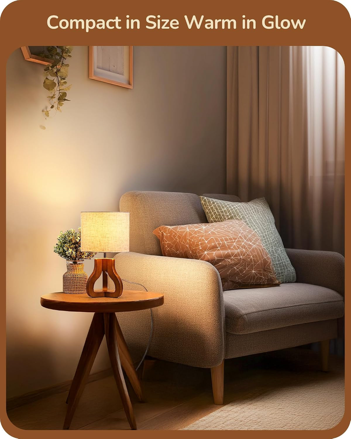 14.6" Modern Table Lamp, Rose Wood Base Nightstand Lamp, E26 Base | Beige Linen Shade, On-Off Line Switch, Small Cute Bedside Lamp for Living Room, Bedroom, Office