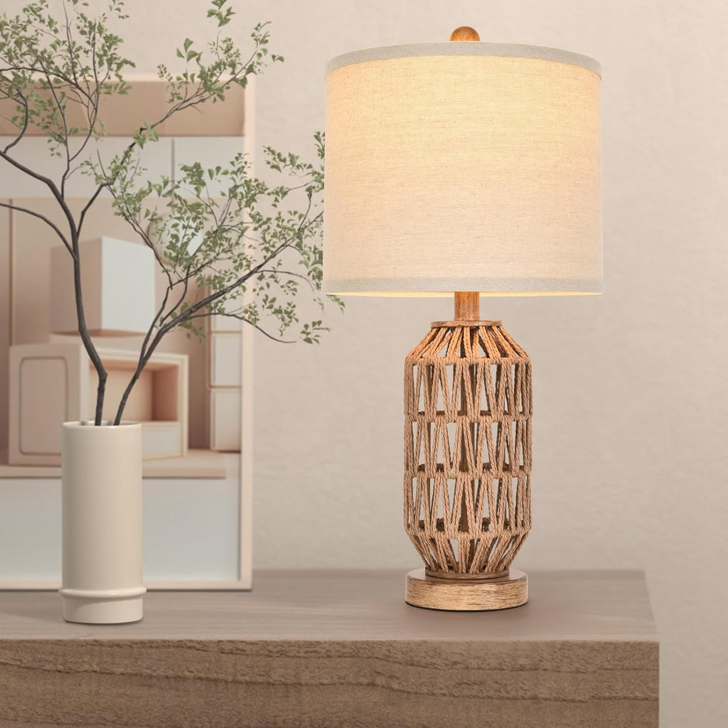 22.5” Rattan Table Lamp Set of 2, Woven Boho Lamp for Bedroom Living Room, 11X11X9 Fabric Drum Shade, E26 Base (Max 60W), Stable Wood Base for Nightstand Console