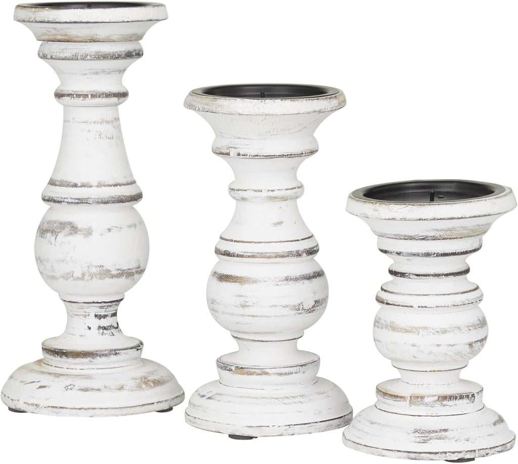 Deco 79 Mango Wood Decorative Candle Holder Turned Style Pillar Candle Stand, Set of 3 Candlestick Holder 10", 8", 6”H, White