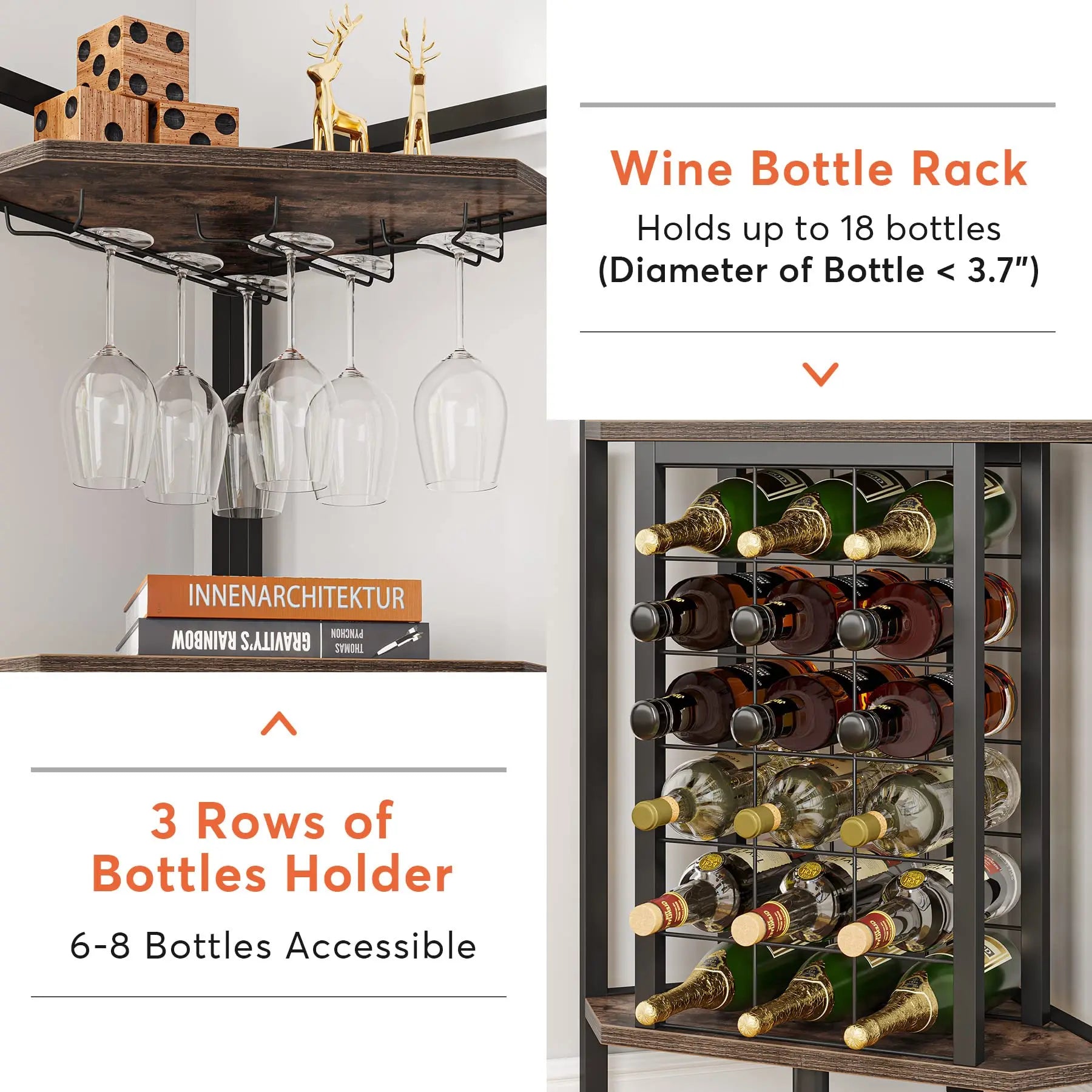 Wine Rack Bar Cabinet 4 Tier Corner Shelf with Glass Holder