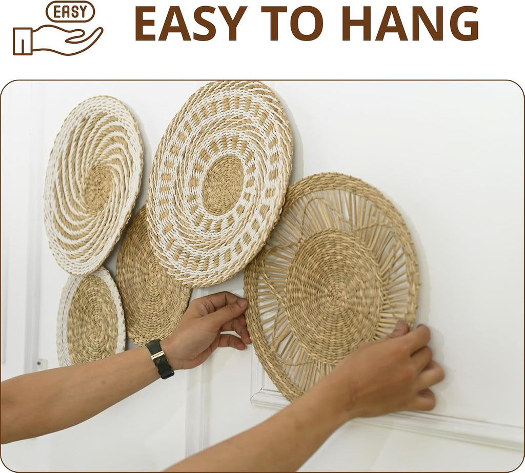 Wicker Wall Decor Set, Seagrass Woven Plates, Medium, Farmhouse | Natural Seagrass Plates That Are Flat and Light Enough for a Living Room or Bedroom Feature