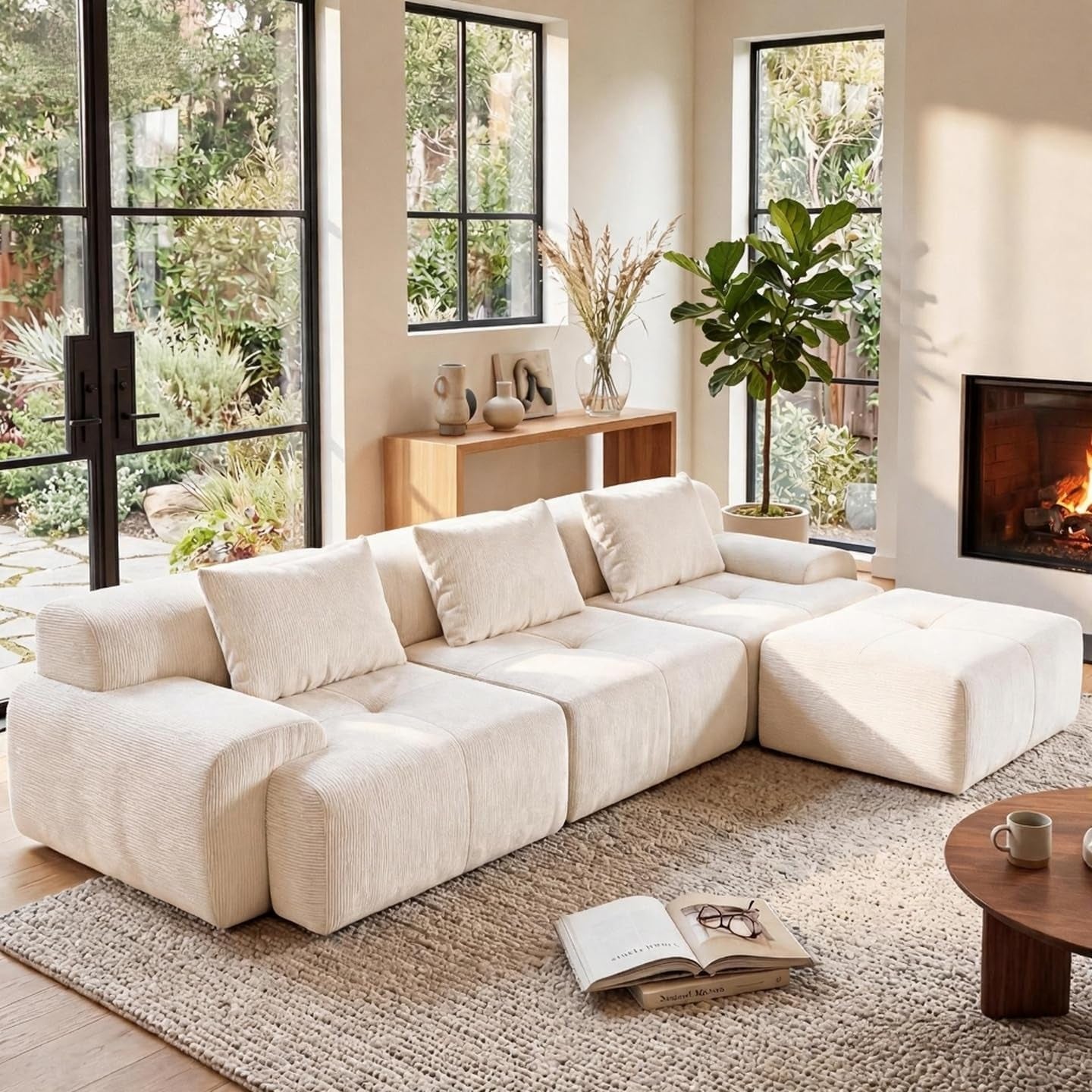 118'' Modular Boneless Sofa,Sectional Couch for Living Room,Tufted Oversized L Shape Deep Seat Couch with Ottoman & 3 Throw Pillows,Corduroy Cloud Couch,Beige