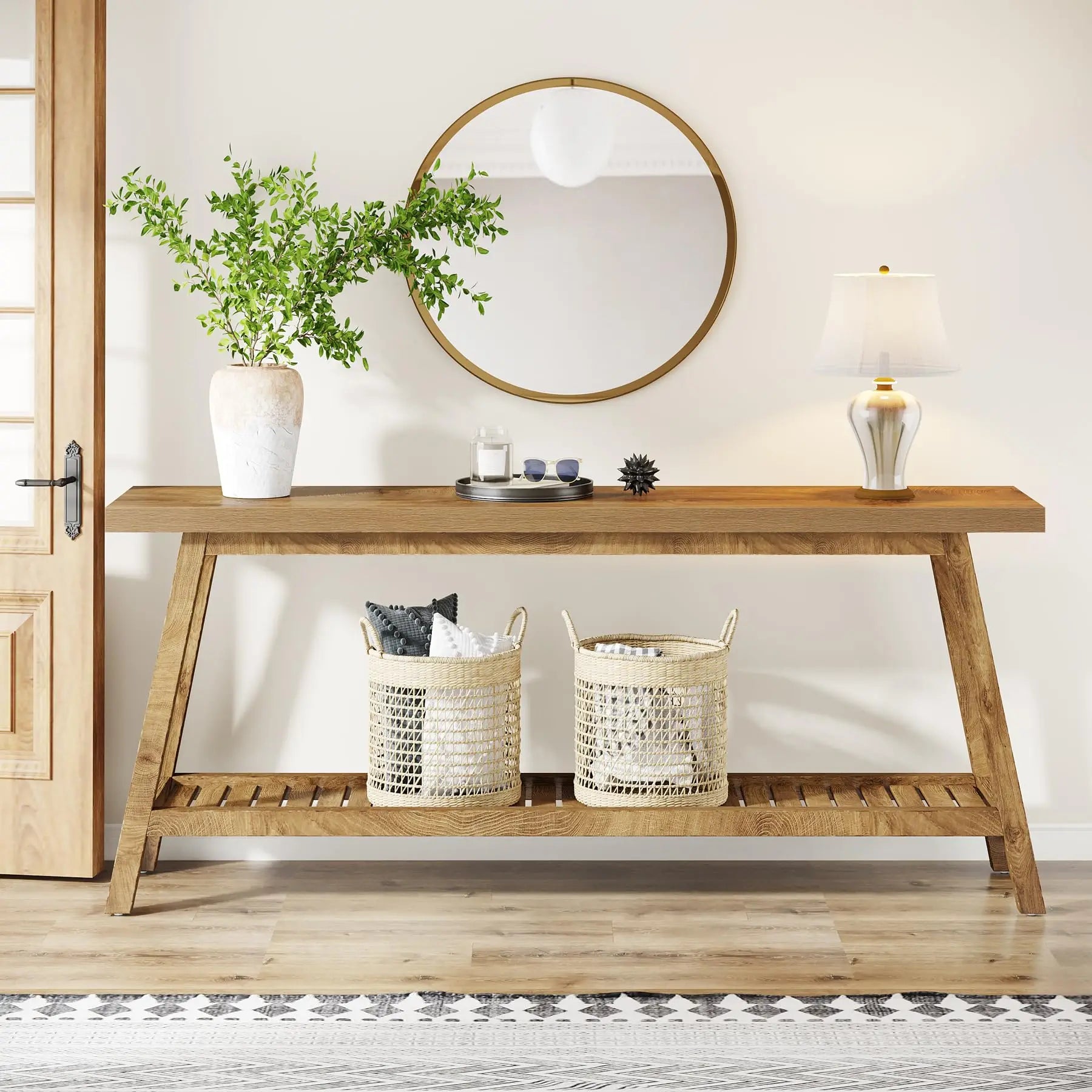 Farmhouse Console Entryway Table: 70.9 Inches All Wood Console Table for Entrance, 2 Tiers Narrow Long behind Couch S
