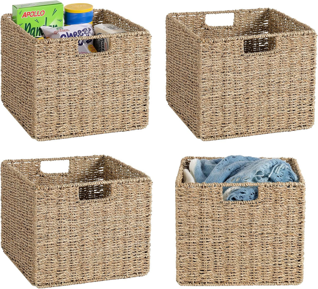 12X12X10In Seagrass Storage Baskets Set of 4, Large Wicker Storage Basket, Decorative Seagrass Shelf Basket, Pantry Baskets Organization,Folding Storage Cube Bins