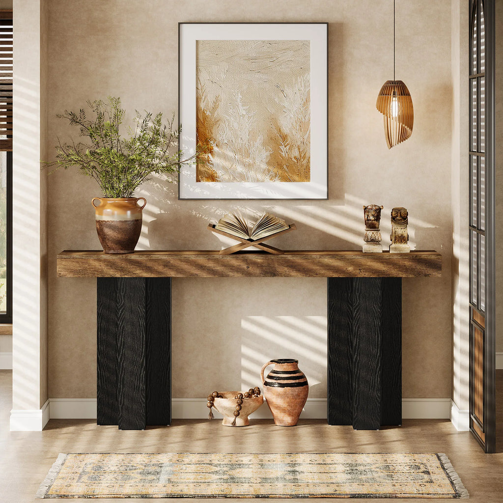 63-Inch Console Table for Entryway, Farmhouse Entryway Table with Sturdy Legs, Narrow Long Sofa Console behind Couch for Living Room, Hallway, Foyer, Rustic Brown and Black