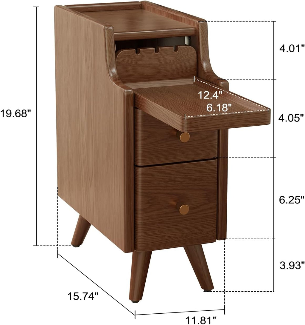 Narrow Nightstand with Drawers, Wood Bedside Table, Small Walnut Nightstand Set of 2