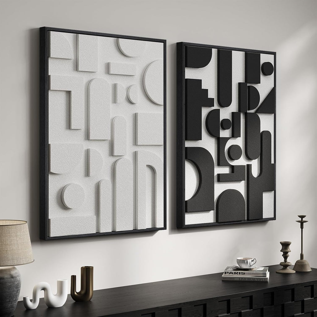 Black and white textured abstract framed wall art