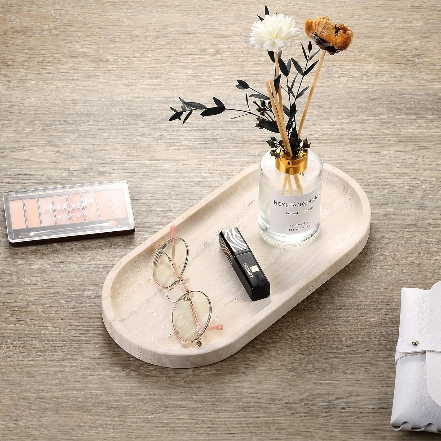 Italian Travertine Tray, 12"X6" Vanity Decorative Marble Tray for Countertop, Catchall Tray for Perfume, Candles, Jewelry Dish Tray