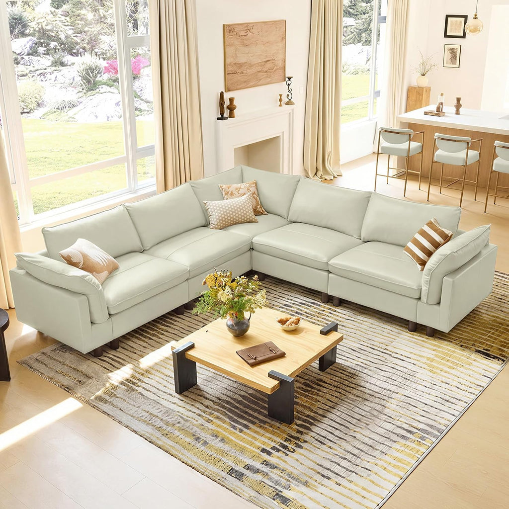 CHITA 118 inch leather sectional sofa in cream