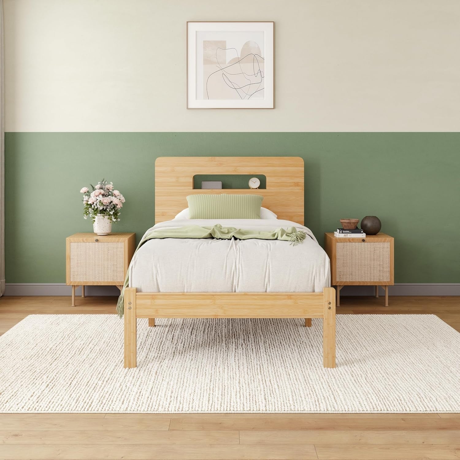 Solid Bamboo Wood Bed Frame Twin with Storage Headboard, 14 Inch Platform Bed Frame Twin Size No Box Spring Needed with Steel Slats, Sturdy and Stable, Easy Assembly, Noise Free