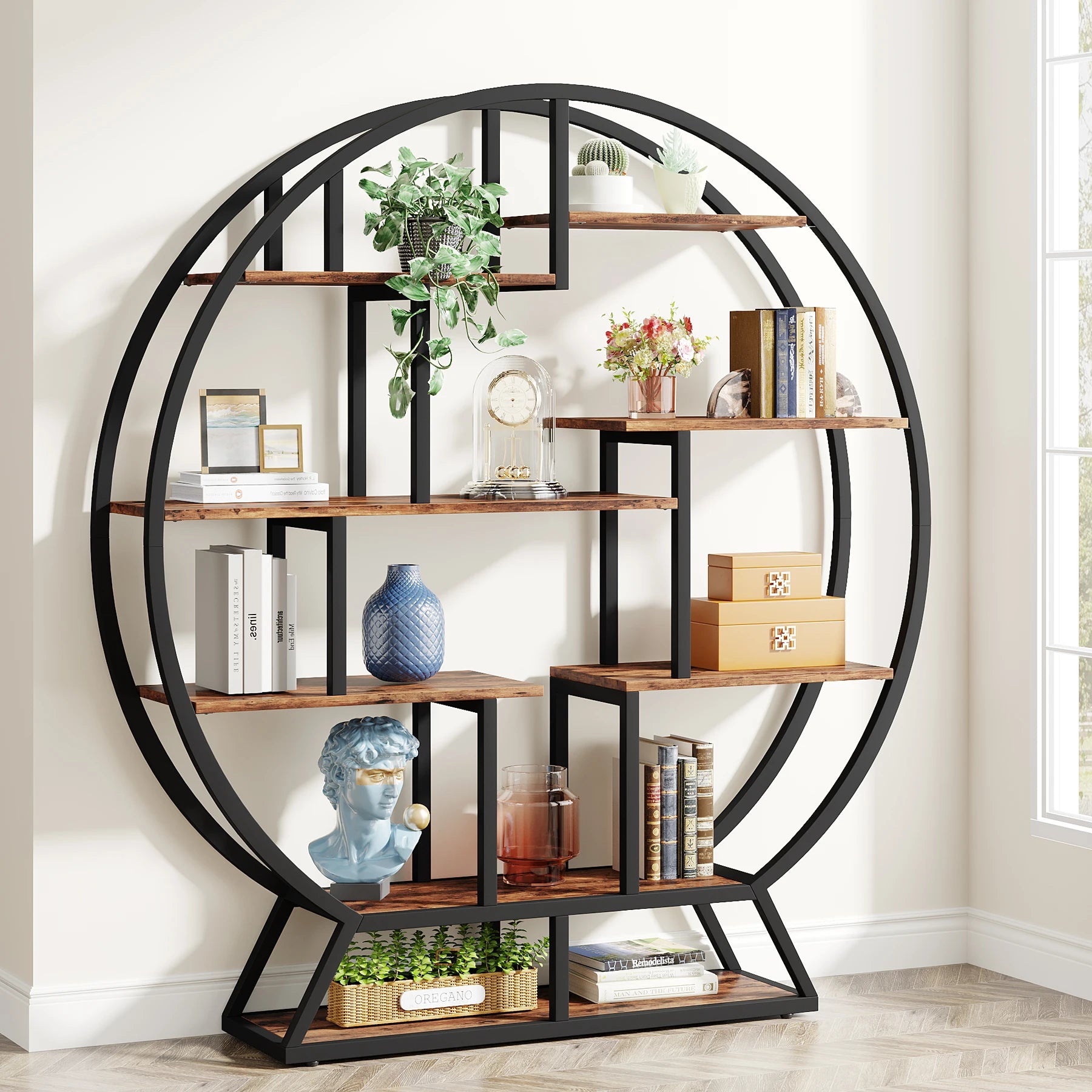 Bookshelf, round Bookshelves Etagere Bookcase, 63-Inch Industrial Wood Book Shelf with Staggered Shelves