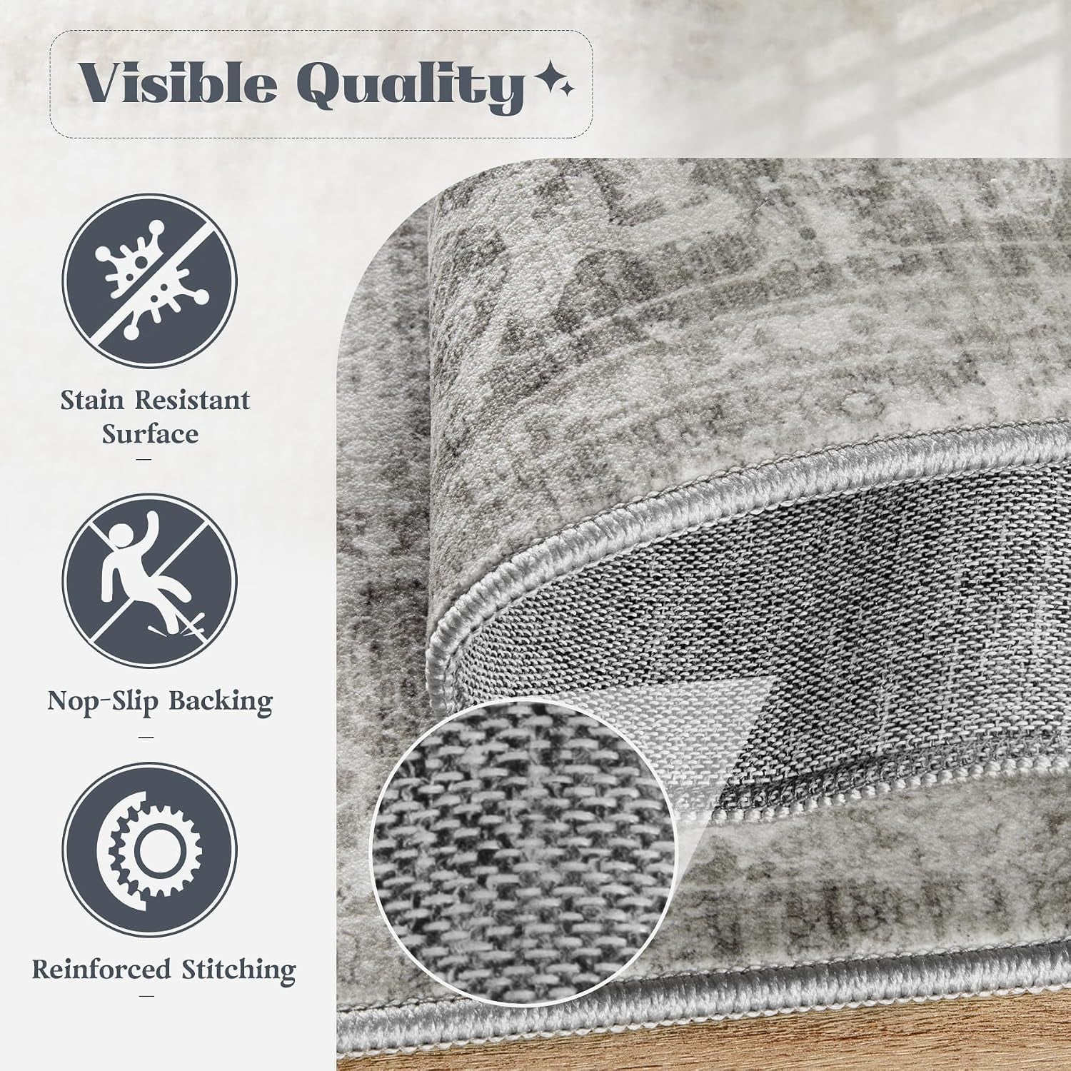 Area Rug 8X10 Washable Rug, Vintage Boho Medallion Rugs Non-Slip Soft Low Pile Large Distressed Rug Indoor Retro Carpet for Living Room Bedroom Dining Room Home Office (Grey, 8'X10')