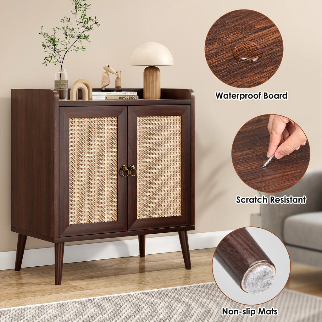 Sideboard Buffet Cabinet with Storage, Mid Century Modern Bar Liquor Cabinet with Rattan Doors for Dining Room
