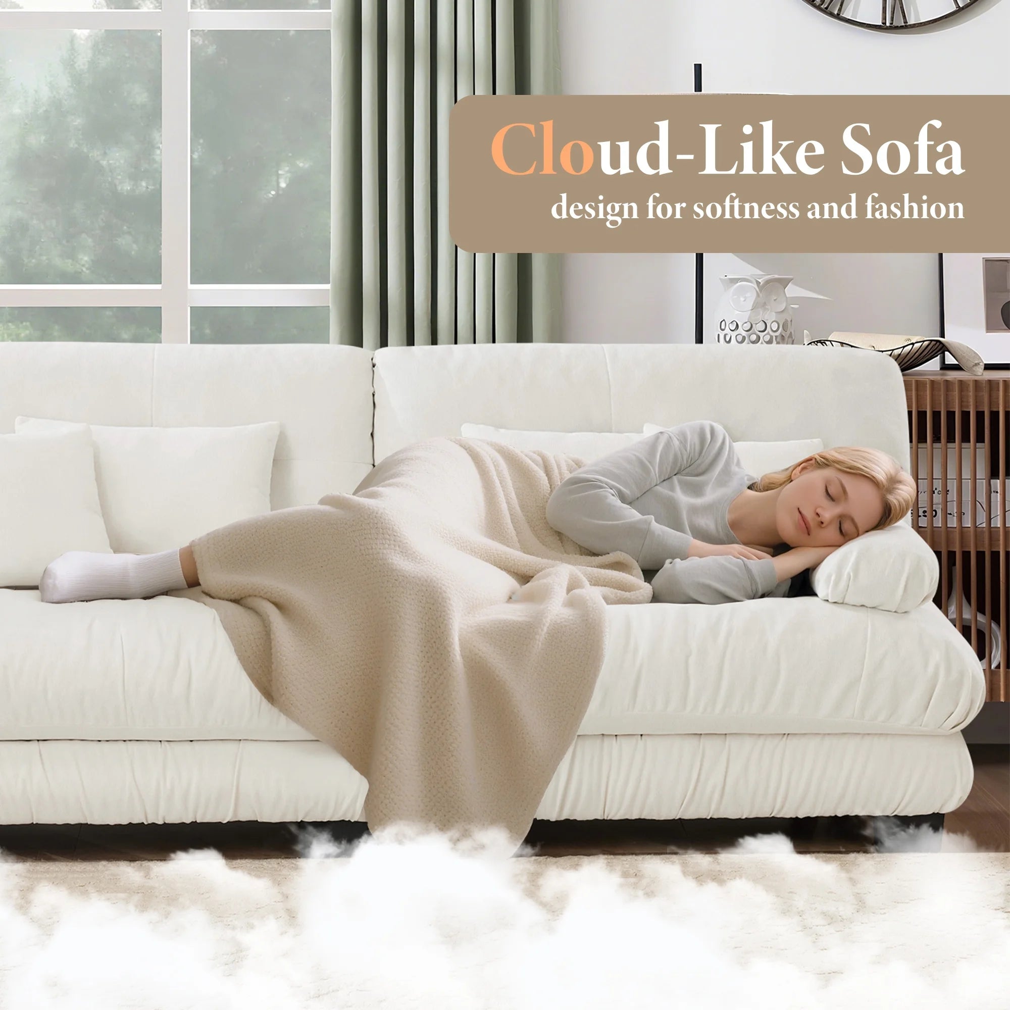 133.8" Modular Sectional Sofa, Oversized Modern 3 Seater Sofa Set, Tufted Cloud Couches for Living Room (Chenille White, 3 Seater)