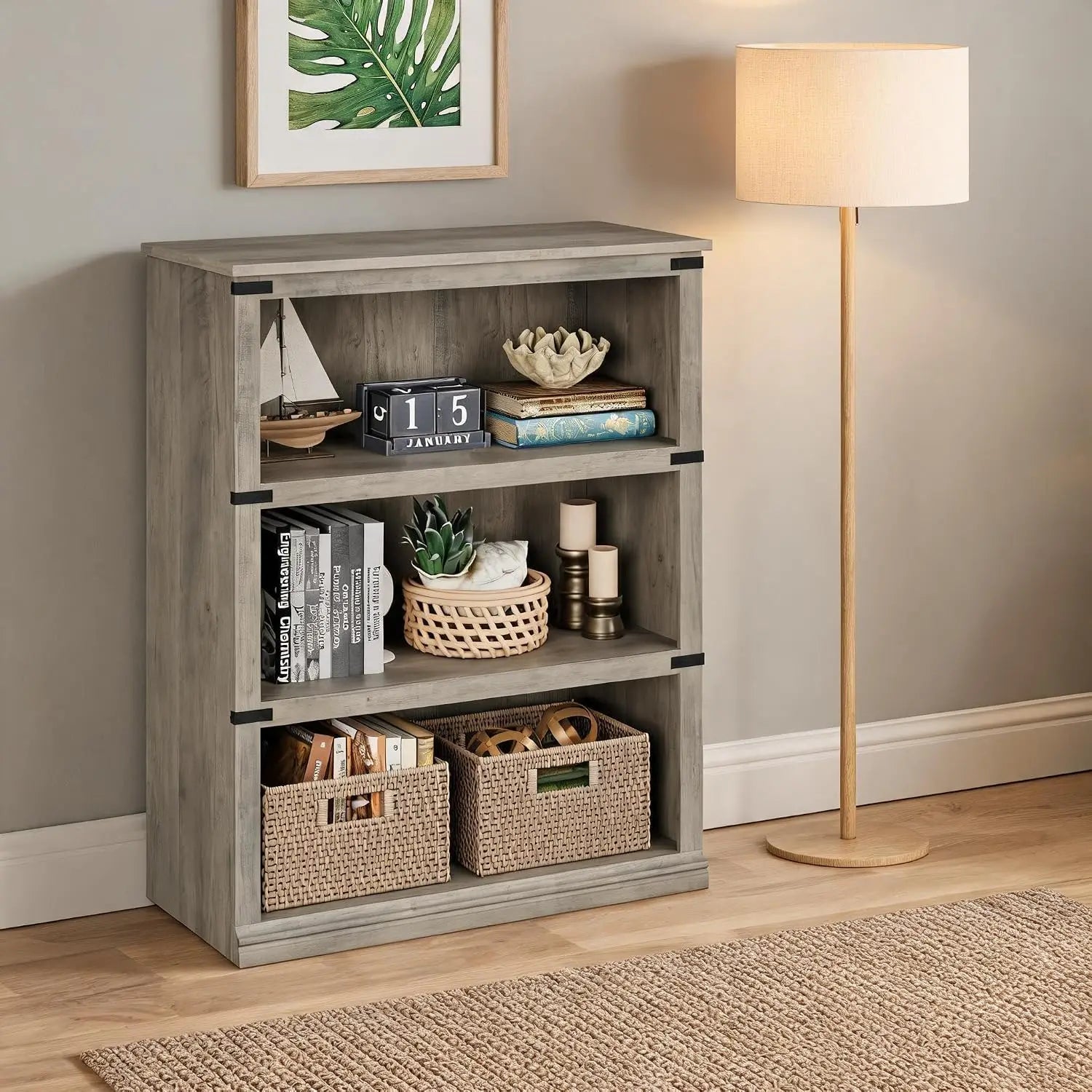 Farmhouse 3 Tier Open Bookcase - Tall Wood Bookshelf, Living Room Bedroom | Farmhouse 3-Tier Tall Open Bookcase - Sturdy 30" Wide Wood Bookshelf Display Shelves for Home Office Living Room Bedroom