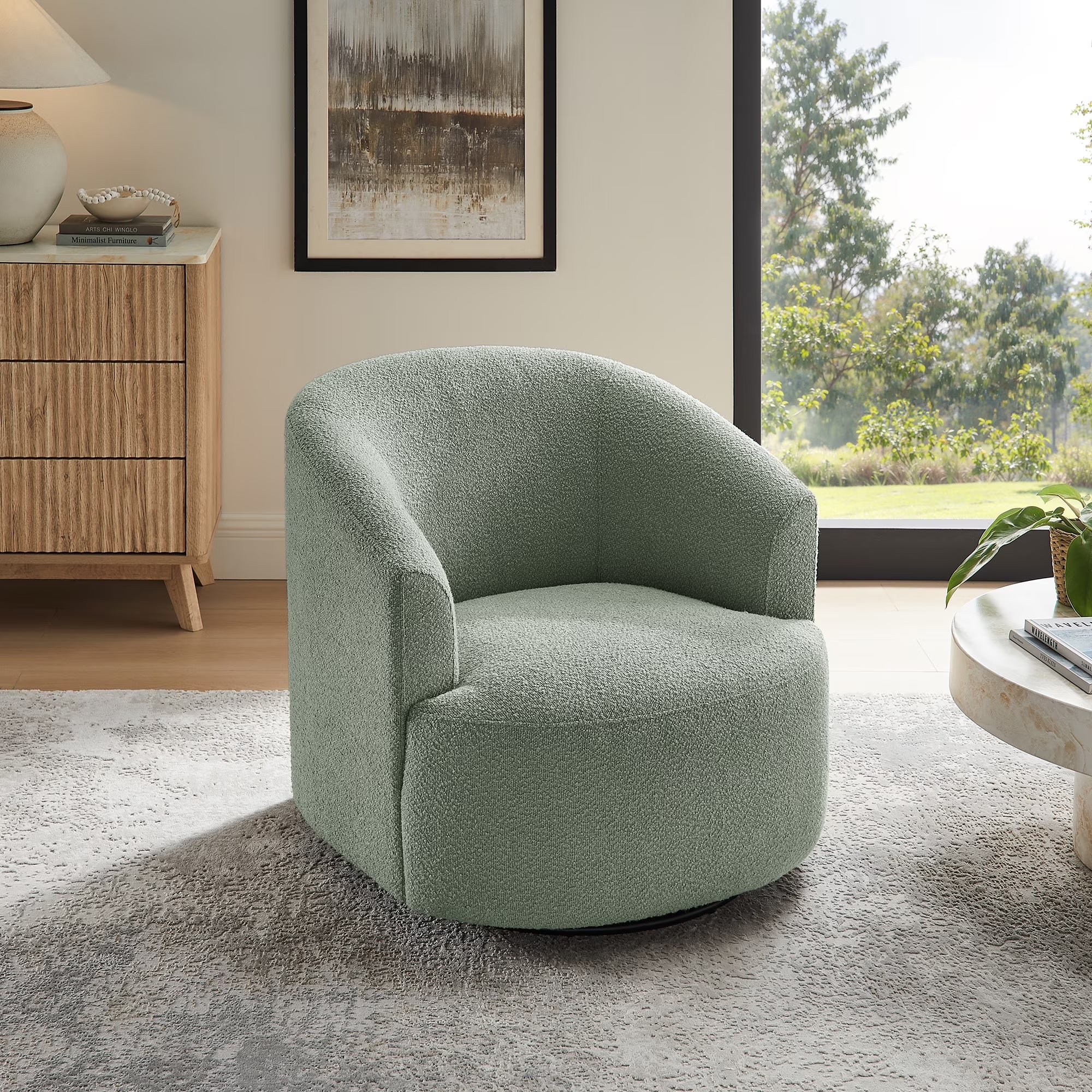 Olive boucle swivel accent chair