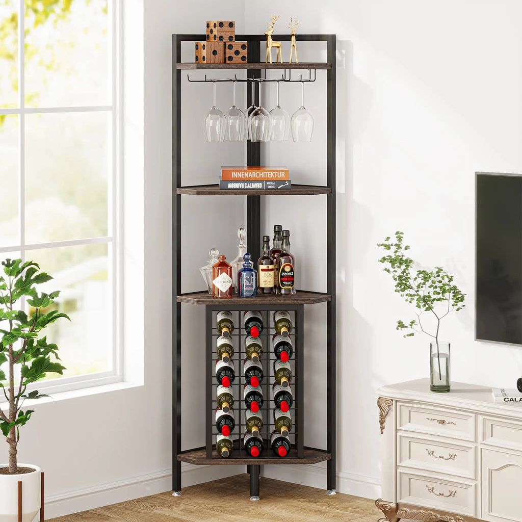 Wine Rack Bar Cabinet 4 Tier Corner Shelf with Glass Holder